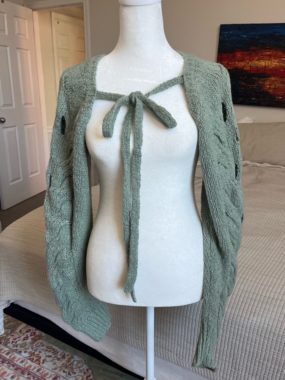 KIMCHI BLUE Tie-Front Cable Knit Cardigan Sweater - Sage Green